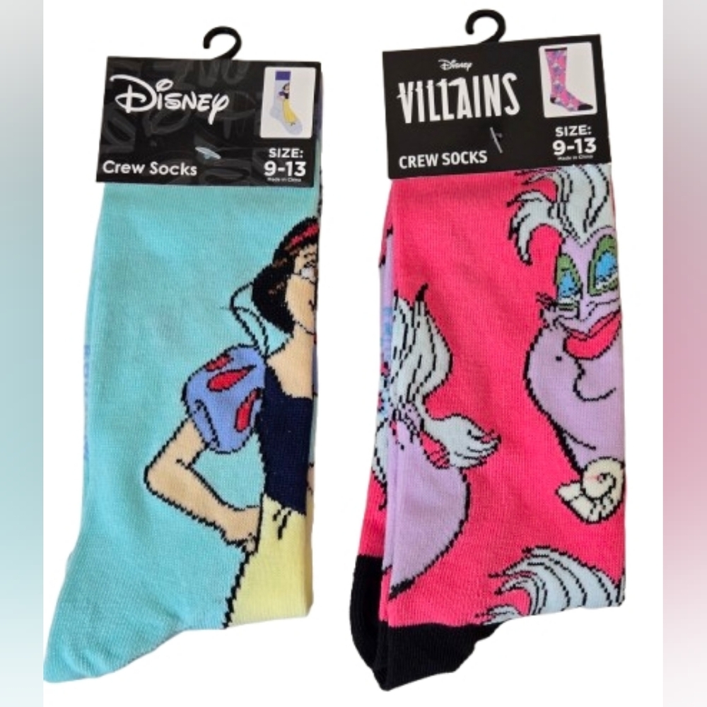 NWT Disney 2 Crew Socks, Snow White Ursula Blue and Pink Adult 9-13